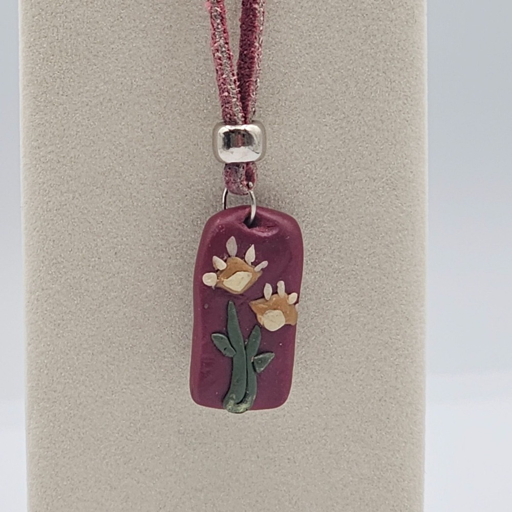 Handmade Necklace Artisan Clay Pendant Boho Fairycore Gift Floral Folk Whimsical